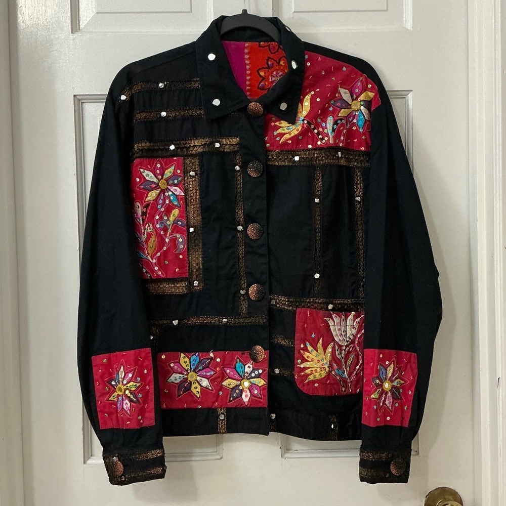 Sandy Starkman Art to Wear Jacket XL Embellished Cotton Mirrors Boho Festival
